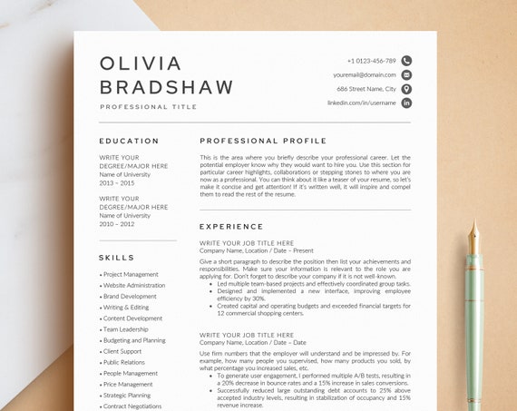 Resume Template, CV Template | Professional Resume Template for Word, Pages, Google Docs + Business Card | Two Columns Resume Template