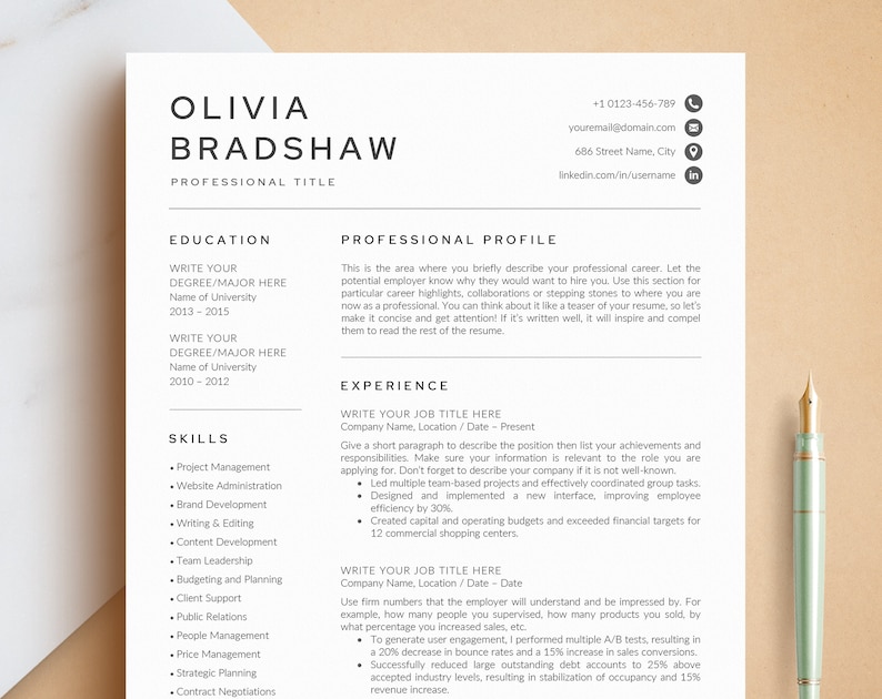 May include: A black and white CV template featuring a professional headshot of a woman. The CV includes sections for education, skills, experience, and a professional profile. The CV is formatted with a clean and modern design.