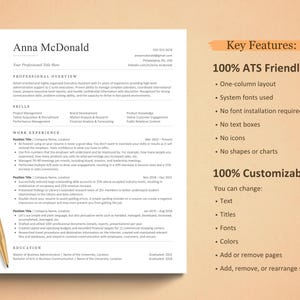 May include: A white resume template with the name "Anna McDonald" at the top, a gold pen is on the left side. The resume includes sections for professional overview, skills, and work experience. Key features are listed on the right.