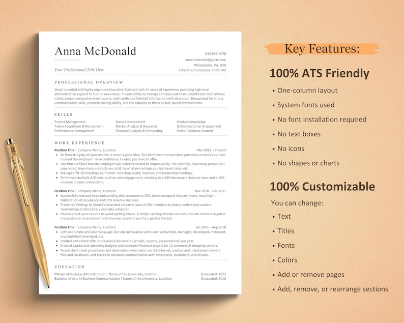 May include: A white resume template with the name "Anna McDonald" at the top, a gold pen is on the left side. The resume includes sections for professional overview, skills, and work experience. Key features are listed on the right.