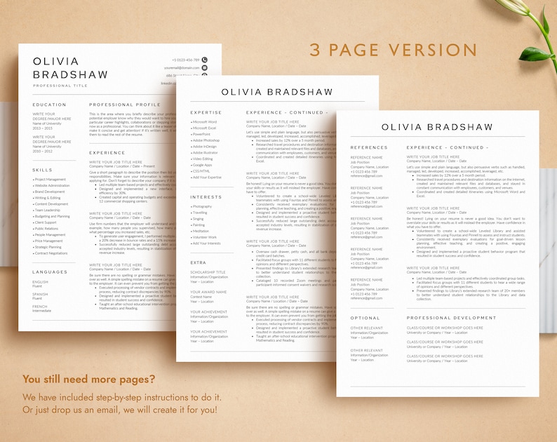 May include: A three-page CV template with a modern design. The template features a professional profile, experience, skills, education, and references sections. The CV is designed to help job seekers stand out from the crowd and make a strong impression on potential employers.