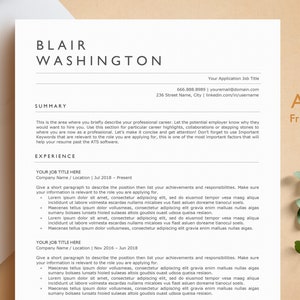 May include: A resume template with the name BLAIR WASHINGTON at the top. The resume includes sections for summary and experience, with placeholder text. The words "ATS Friendly" are in the upper right corner.