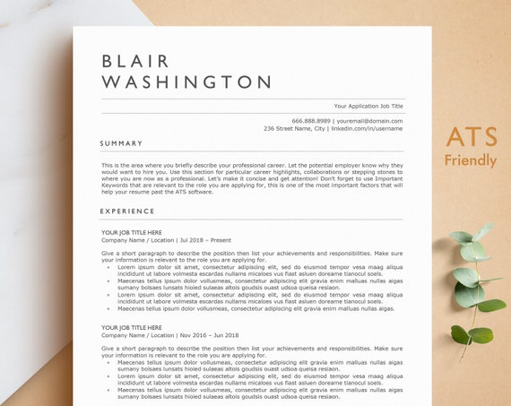 ATS Friendly Resume, Professional Resume Template for Word, Pages, Google Docs, ATS Optimized Resume, Creative Resume, Instant Download CV
