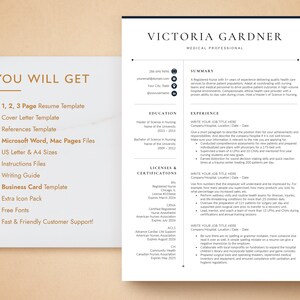 May include: A resume template for medical professionals. The template includes a summary, education, licenses and certifications, and experience sections. The template is designed to be used with Microsoft Word and Mac Pages.