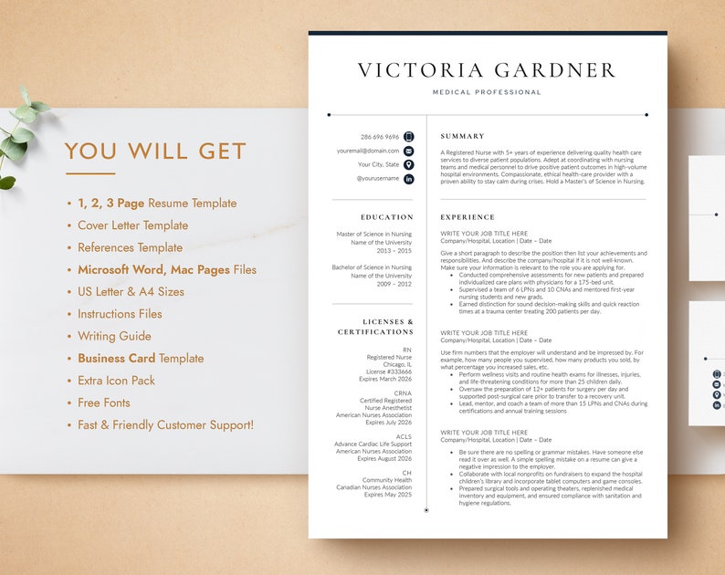 May include: A resume template for medical professionals. The template includes a summary, education, licenses and certifications, and experience sections. The template is designed to be used with Microsoft Word and Mac Pages.