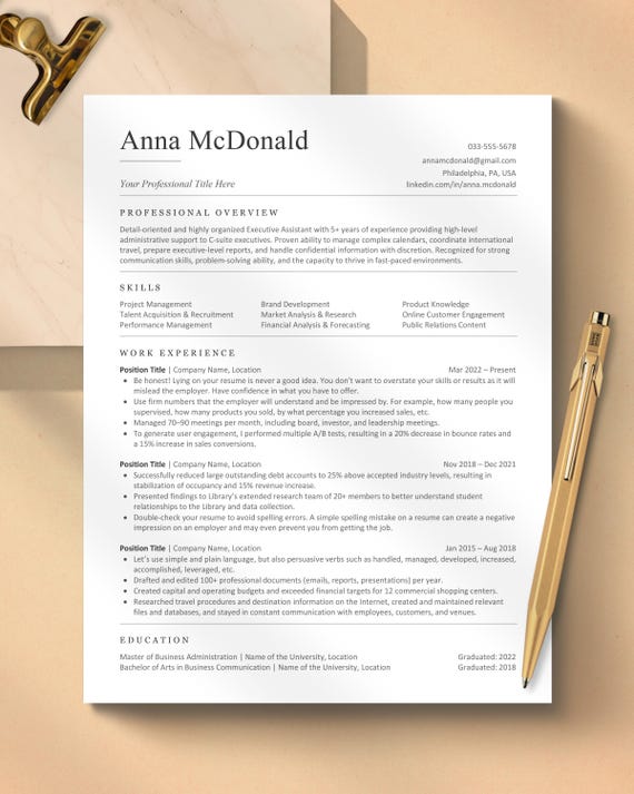 ATS Friendly Resume Template Word, Pages, Google Docs | Modern Clean, Easy to edit, Instant Download | Professional ATS Resume CV Template