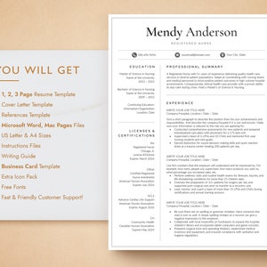 May include: A resume template for registered nurses, featuring a professional summary, education, experience, licenses and certifications sections. The template is designed to help nurses create a visually appealing and informative resume.