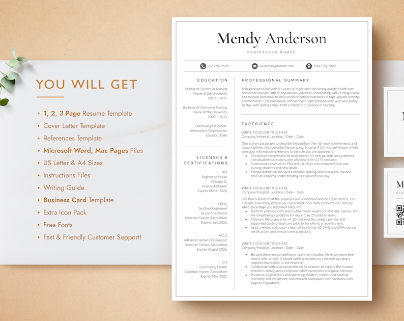 May include: A resume template for registered nurses, featuring a professional summary, education, experience, licenses and certifications sections. The template is designed to help nurses create a visually appealing and informative resume.