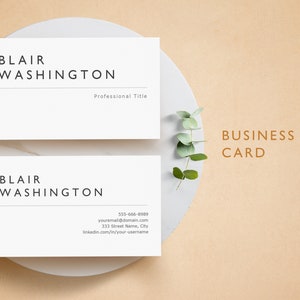 May include: Two white business cards with the name "Blair Washington" printed in black. One card includes the title "Professional Title". The other card includes contact information. The words "BUSINESS CARD" are printed in brown.
