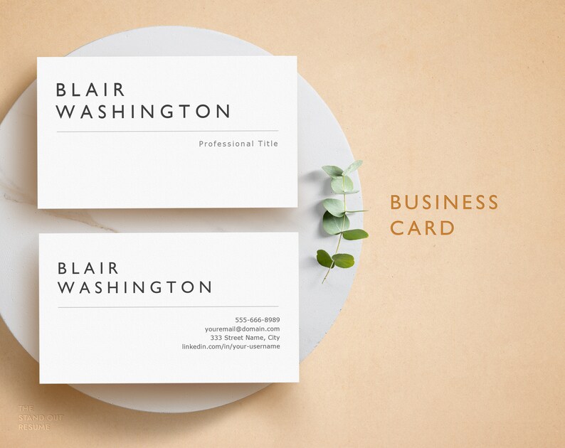 May include: Two white business cards with the name "Blair Washington" printed in black. One card includes the title "Professional Title". The other card includes contact information. The words "BUSINESS CARD" are printed in brown.