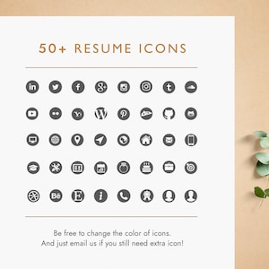May include: A sheet of paper with 50+ resume icons in grey circles on a white background. The icons include social media platforms, such as LinkedIn, Twitter, Facebook, Google+, Instagram, Tumblr, and more. Other icons include a computer monitor, a globe, a location pin, a plane, a phone, a house, an email, a smartphone, a graduation cap, a wrench, a calendar, a cake, a briefcase, a target, a basketball, a Behance logo, a letter E, an information symbol, a phone, a ribbon, and a person.