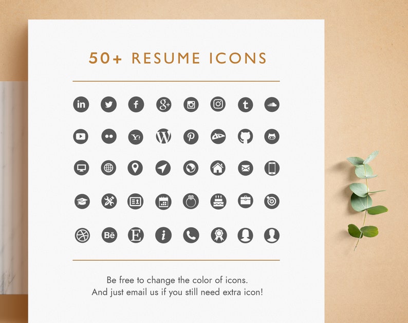 May include: A sheet of paper with 50+ resume icons in grey circles on a white background. The icons include social media platforms, such as LinkedIn, Twitter, Facebook, Google+, Instagram, Tumblr, and more. Other icons include a computer monitor, a globe, a location pin, a plane, a phone, a house, an email, a smartphone, a graduation cap, a wrench, a calendar, a cake, a briefcase, a target, a basketball, a Behance logo, a letter E, an information symbol, a phone, a ribbon, and a person.