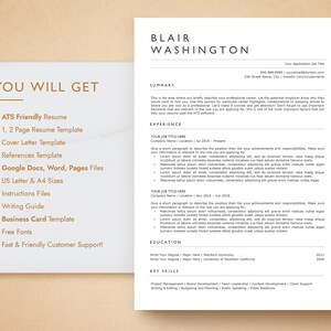 May include: A resume template with the name Blair Washington at the top. The resume includes sections for summary, experience, education, and key skills. The image also shows a list of what you will get, including a resume template, cover letter template, and business card template.