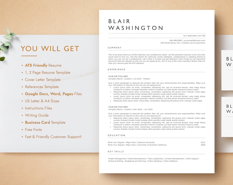May include: A resume template with the name Blair Washington at the top. The resume includes sections for summary, experience, education, and key skills. The image also shows a list of what you will get, including a resume template, cover letter template, and business card template.