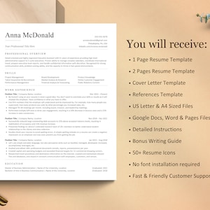 May include: A professional resume template with the name "Anna McDonald" at the top. The resume includes sections for professional overview, skills, work experience, and education. The image also shows a list of items you will receive, including resume templates, a cover letter, and detailed instructions.