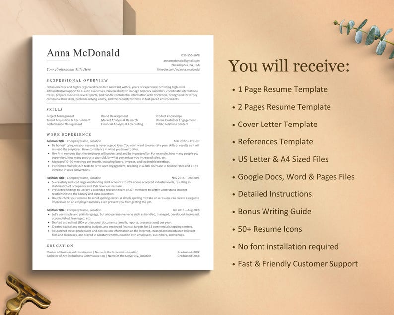 May include: A professional resume template with the name "Anna McDonald" at the top. The resume includes sections for professional overview, skills, work experience, and education. The image also shows a list of items you will receive, including resume templates, a cover letter, and detailed instructions.