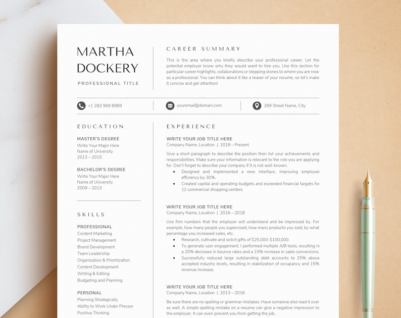 Professional Resume Template for Word, Pages & Google Docs + Business ...
