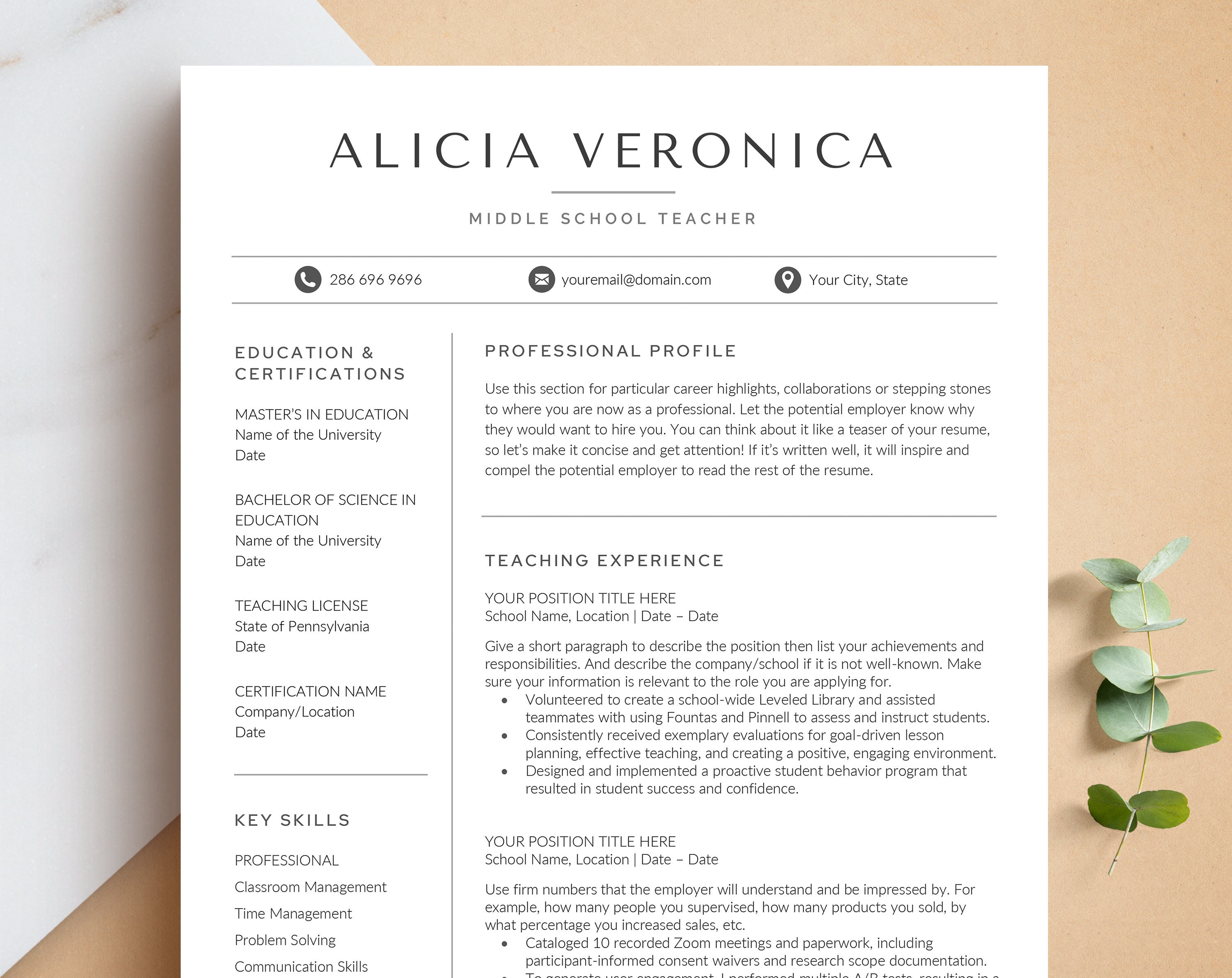 Teacher Resume Template for Microsoft Word & Mac Pages, Middle School Teacher Resume, Teaching Resume,  Education Resume CV, School Resume