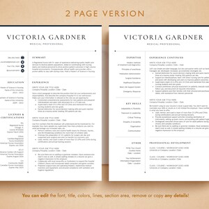 May include: A two-page black and white resume template for a medical professional. The resume includes sections for summary, education, experience, licenses and certifications, expertise, experience continued, key skills, other, and professional development. The template is designed to be easily edited and customized.
