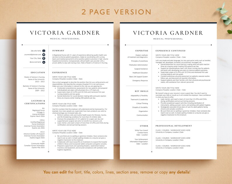 May include: A two-page black and white resume template for a medical professional. The resume includes sections for summary, education, experience, licenses and certifications, expertise, experience continued, key skills, other, and professional development. The template is designed to be easily edited and customized.