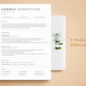 May include: A one-page resume template with a simple, modern design. The resume is for Andrea Robertson, who is applying for a professional title. The resume includes sections for profile, experience, education, and skills.