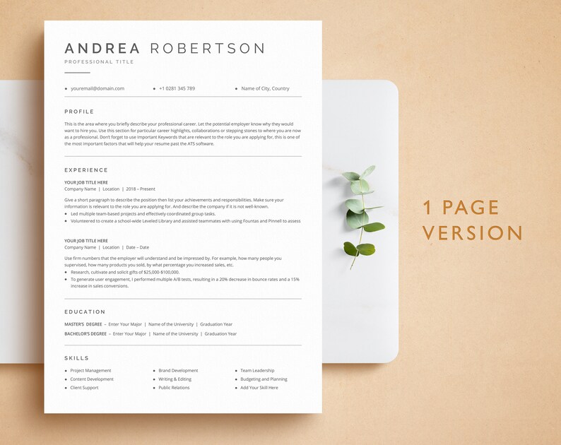 May include: A one-page resume template with a simple, modern design. The resume is for Andrea Robertson, who is applying for a professional title. The resume includes sections for profile, experience, education, and skills.