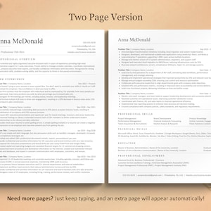 May include: A two-page resume template with the name "Anna McDonald" at the top. The resume includes sections for professional overview, work experience, professional skills, technical skills, and education. Gold paper clips are in the corners.