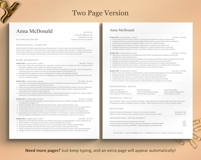 May include: A two-page resume template with the name "Anna McDonald" at the top. The resume includes sections for professional overview, work experience, professional skills, technical skills, and education. Gold paper clips are in the corners.