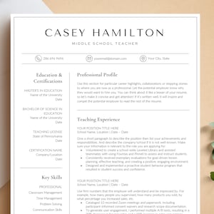 May include: A black and white resume template with the name Casey Hamilton at the top. The resume includes sections for education and certifications, professional profile, teaching experience, and key skills. The resume is formatted with a modern, clean design.