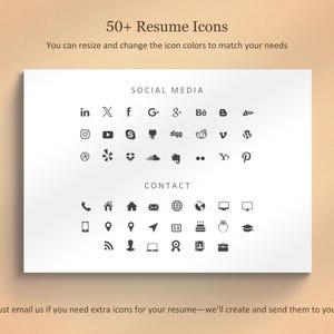 May include: A white card displays a collection of over 50 black resume icons for social media and contact information. The text "50+ Resume Icons" is at the top, with instructions to resize and change colors. Below are icons for LinkedIn, Facebook, and more.