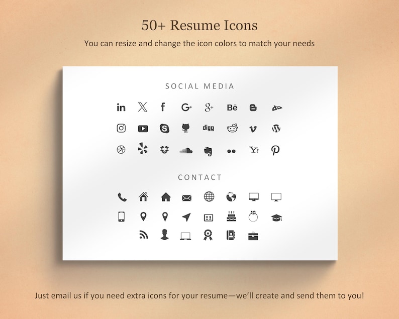 May include: A white card displays a collection of over 50 black resume icons for social media and contact information. The text "50+ Resume Icons" is at the top, with instructions to resize and change colors. Below are icons for LinkedIn, Facebook, and more.