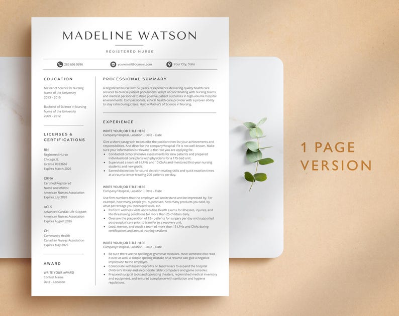 Plantilla de currículum y carta de presentación para enfermería para Google Docs, Word, Pages + tarjeta de presentación, currículum médico, currículum para médicos, currículum de enfermera registrada, CV de enfermera imagen 2