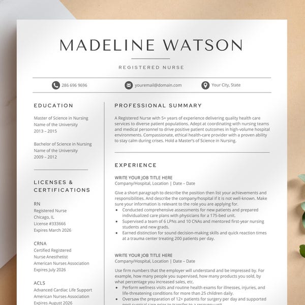 Nursing Resume Template & Cover Letter for Google Docs, Word, Pages + Business Card, Medical Resume, Resume for Doctors, RN Resume, Nurse CV