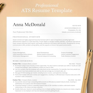 May include: A professional ATS resume template with the name "Anna McDonald" at the top. The resume includes sections for professional overview, skills, and work experience. A gold pen and a gold paper clip are on the beige background.