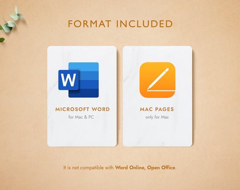May include: Two white cards with marble-like texture. The left card has a blue icon of the letter "W" and the text "MICROSOFT WORD for Mac & PC". The right card has an orange icon of a pencil and the text "MAC PAGES only for Mac". The text "It is not compatible with Word Online, Open Office." is below the cards.