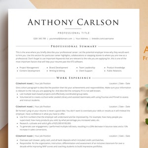 May include: A black and white resume template with the title "Anthony Carlson" at the top. The resume includes sections for professional title, professional summary, work experience, and contact information. The resume is designed to be ATS friendly.