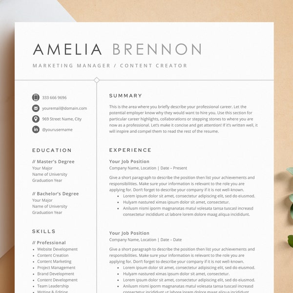 Modern Resume Template for Word, Pages, Google Docs | 1-3 Page Resume CV Template + Cover Letter, References, Business Card | Resume Design