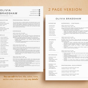 May include: A two-page resume template with a professional design. The resume includes sections for education, skills, experience, professional profile, expertise, interests, references, and professional development. The template is designed to be easily edited and customised.
