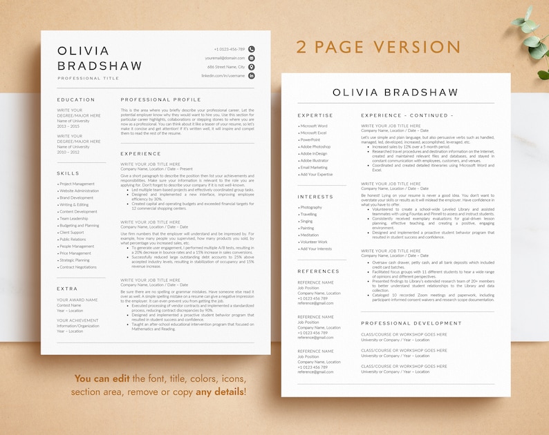 May include: A two-page resume template with a professional design. The resume includes sections for education, skills, experience, professional profile, expertise, interests, references, and professional development. The template is designed to be easily edited and customised.
