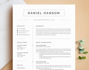 May include: A resume template with a black and white design. The template includes sections for contact information, summary, education, work experience, and skills. The text "DANIEL HANSON" is at the top of the page.