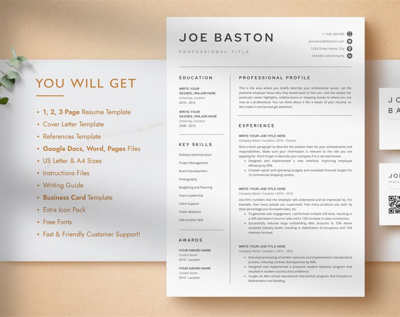 Professional Resume Template for Word, Pages, Google Docs + Business Card | Simple Resume CV Template, Basic Resume Pack, Standard Resume image 10