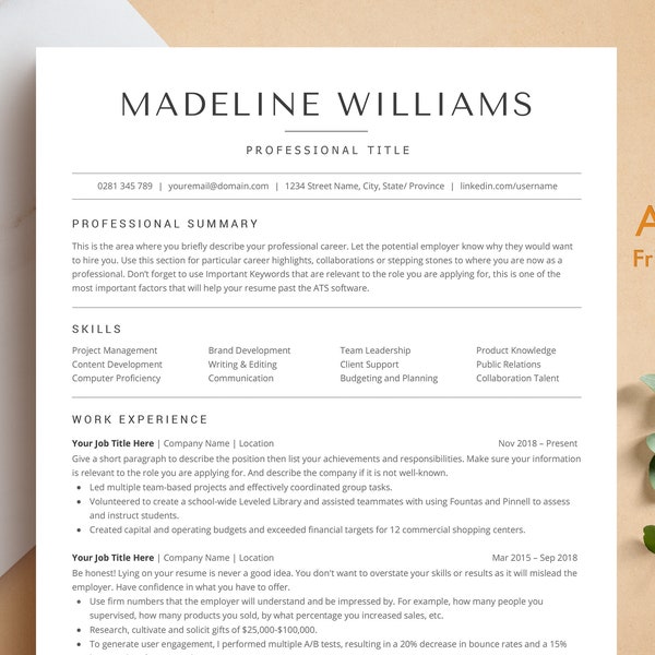 ATS Friendly Resume Template Word, Pages, Google Docs, ATS Resume, ATS Cv Template, Executive Assistant Resume, Minimalist Resume, Basic Cv