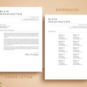 May include: Two-page resume template with the name BLAIR WASHINGTON at the top. The left page is a cover letter, and the right page lists references. The text is black on a white background. The words "COVER LETTER" and "REFERENCES" are at the bottom.