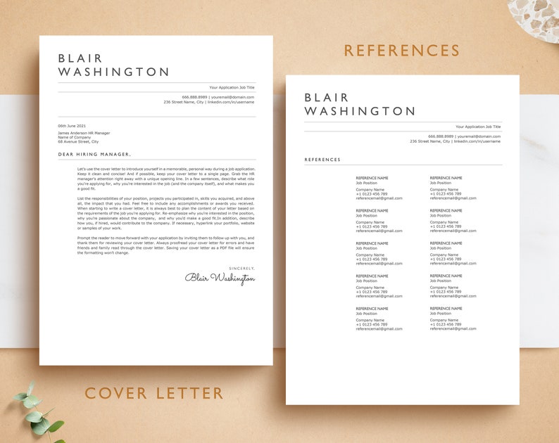 May include: Two-page resume template with the name BLAIR WASHINGTON at the top. The left page is a cover letter, and the right page lists references. The text is black on a white background. The words "COVER LETTER" and "REFERENCES" are at the bottom.