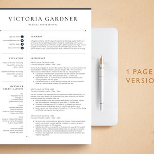 May include: A black and white resume template with the title "Victoria Gardner, Medical Professional". The resume includes contact information, a summary of qualifications, education, licenses and certifications, and work experience.