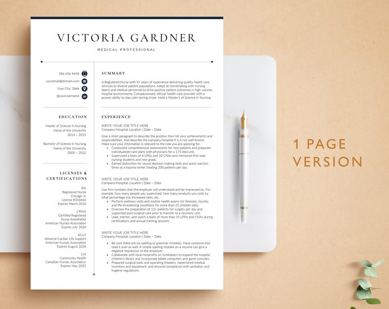 May include: A black and white resume template with the title "Victoria Gardner, Medical Professional". The resume includes contact information, a summary of qualifications, education, licenses and certifications, and work experience.