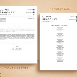 May include: A black and white cover letter template with the name Olivia Bradshaw and the title "Professional Title". The cover letter is addressed to "Mr. Anderson" and includes a section titled "Professional References".