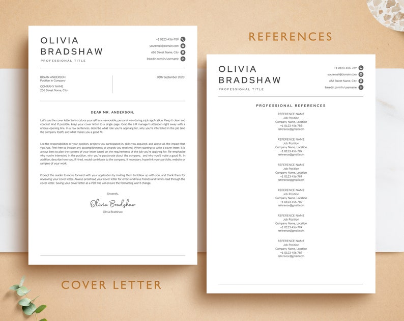 May include: A black and white cover letter template with the name Olivia Bradshaw and the title "Professional Title". The cover letter is addressed to "Mr. Anderson" and includes a section titled "Professional References".