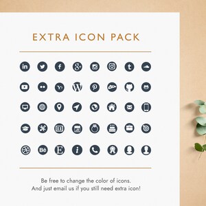 May include: A sheet of paper with the text "EXTRA ICON PACK" in gold lettering. The paper features a grid of 36 black and white icons representing various social media platforms, websites, and other symbols. The text "Be free to change the color of icons. And just email us if you still need extra icon!" is at the bottom of the page.