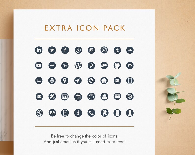 May include: A sheet of paper with the text "EXTRA ICON PACK" in gold lettering. The paper features a grid of 36 black and white icons representing various social media platforms, websites, and other symbols. The text "Be free to change the color of icons. And just email us if you still need extra icon!" is at the bottom of the page.